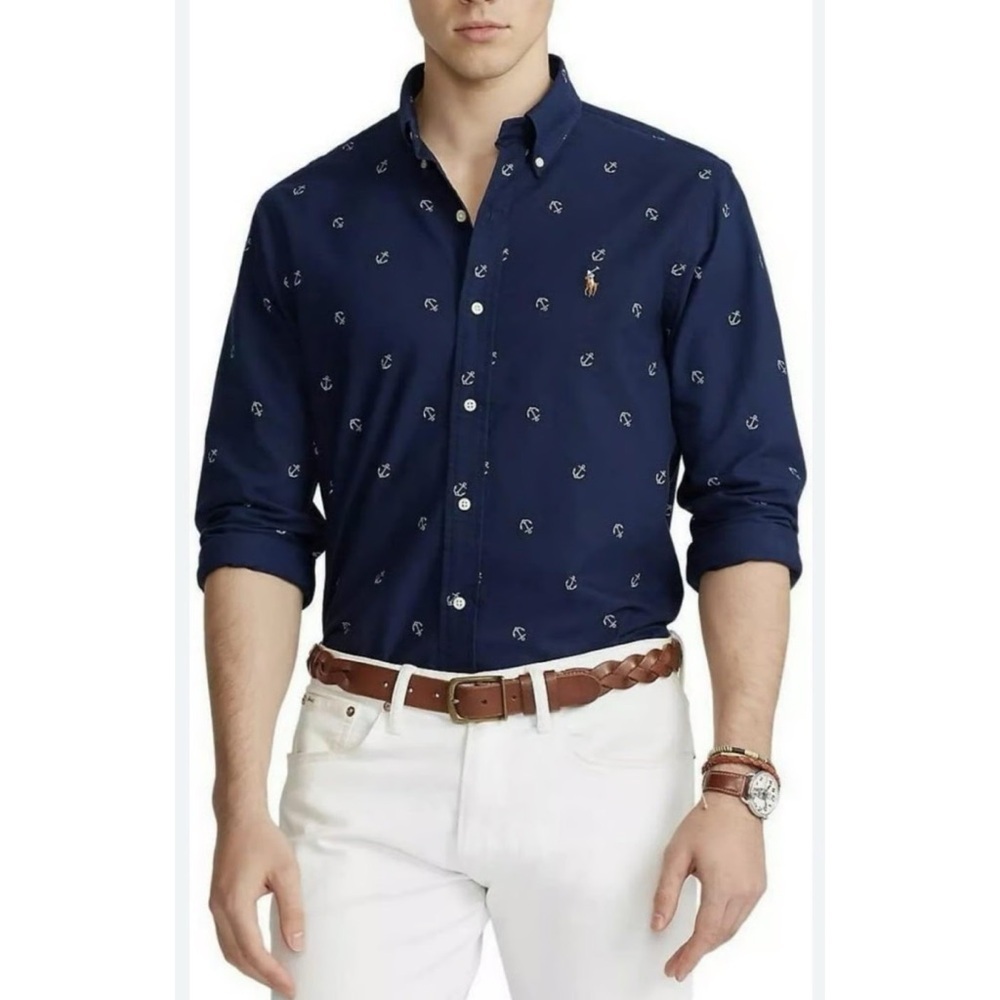Ralph Lauren Shirt Men’s M Blue Classic Fit Anchor Print Flesh Pony Long Sleeve